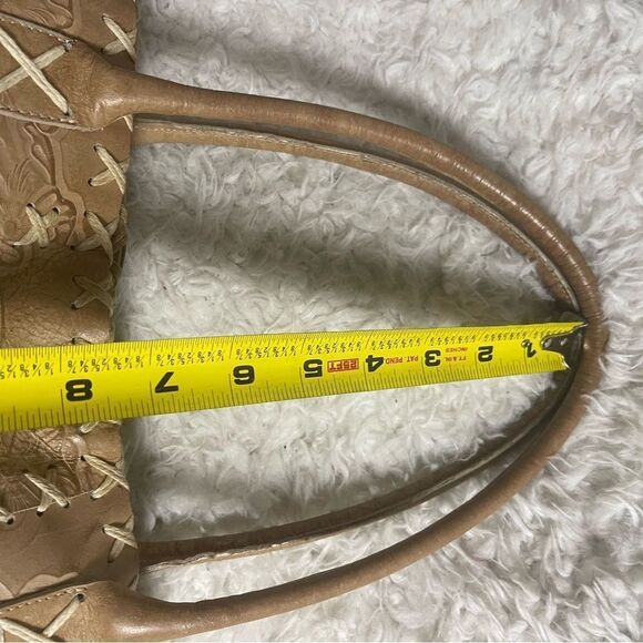 Bergé Italian leather embossed Tan and Cream cross stitching accents Tote Bag - Picture 10 of 13